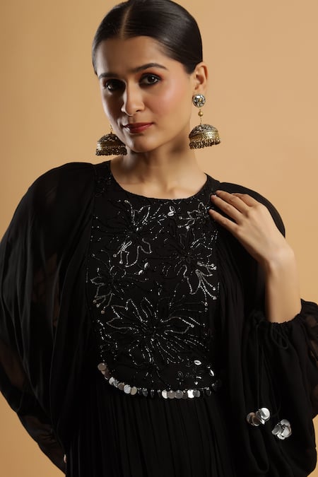 Buy_Bha Sha_Black Georgette, Net Beads Round Neck Anarkali With Dupatta 