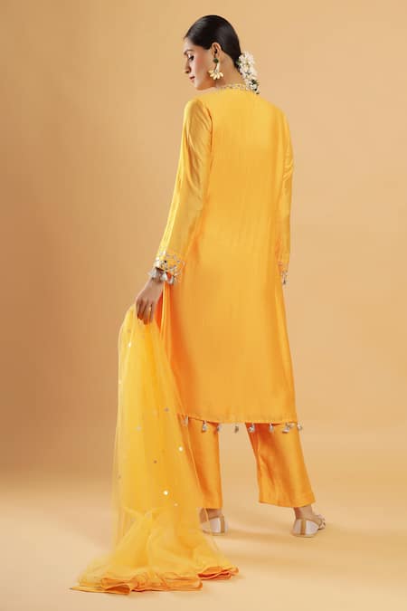 Bha Sha Marigold Yellow Mirror Work Kurta Set 