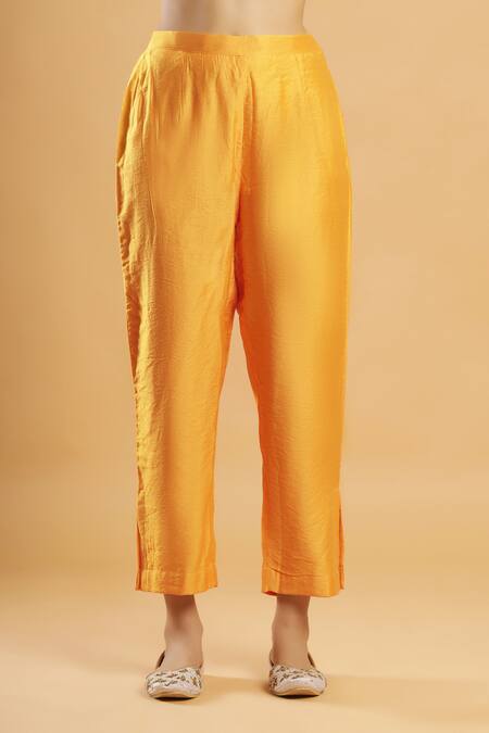 Bha Sha_Yellow Silk, Net Embroidery, Mirrors Round Neck Marigold Work Kurta Set _Online_at_Aza_Fashions