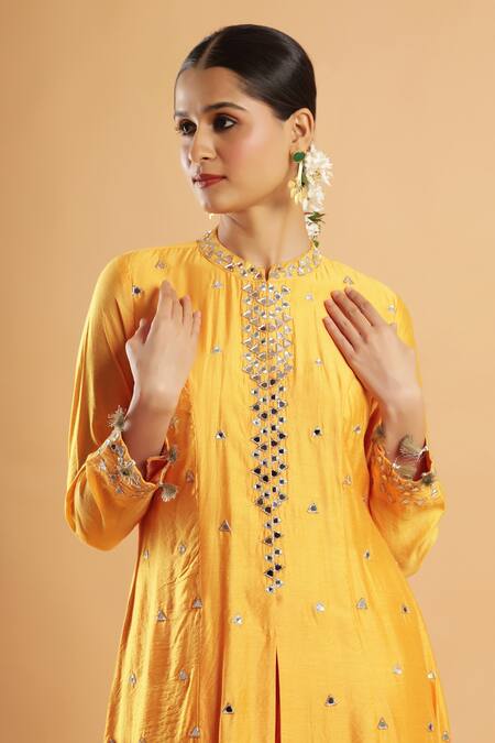Buy_Bha Sha_Yellow Silk, Net Embroidery, Mirrors Round Neck Marigold Work Kurta Set _Online_at_Aza_Fashions