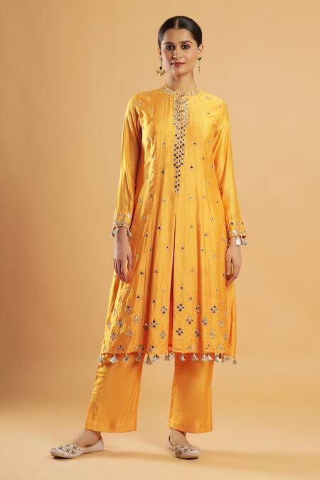 Shop_Bha Sha_Yellow Silk, Net Embroidery, Mirrors Round Neck Marigold Work Kurta Set _Online_at_Aza_Fashions