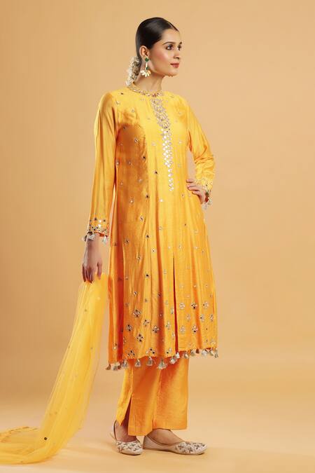 Buy_Bha Sha_Yellow Silk, Net Embroidery, Mirrors Round Neck Marigold Work Kurta Set 