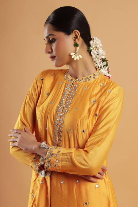 Shop_Bha Sha_Yellow Silk, Net Embroidery, Mirrors Round Neck Marigold Work Kurta Set 