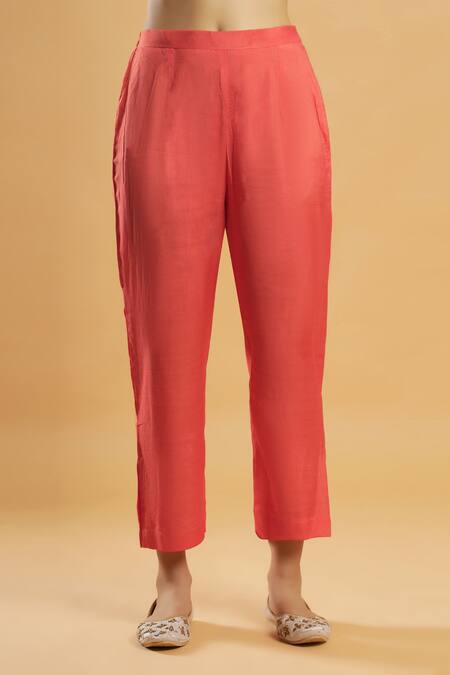 Bha Sha_Orange Chanderi, Shantoon, Net Embroidery Round Neck Thread Work Kurta Set _Online_at_Aza_Fashions