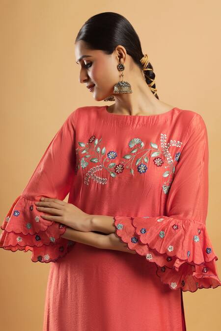 Buy_Bha Sha_Orange Chanderi, Shantoon, Net Embroidery Round Neck Thread Work Kurta Set _Online_at_Aza_Fashions