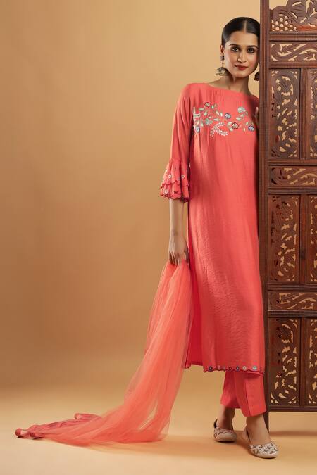 Shop_Bha Sha_Orange Chanderi, Shantoon, Net Embroidery Round Neck Thread Work Kurta Set _Online_at_Aza_Fashions