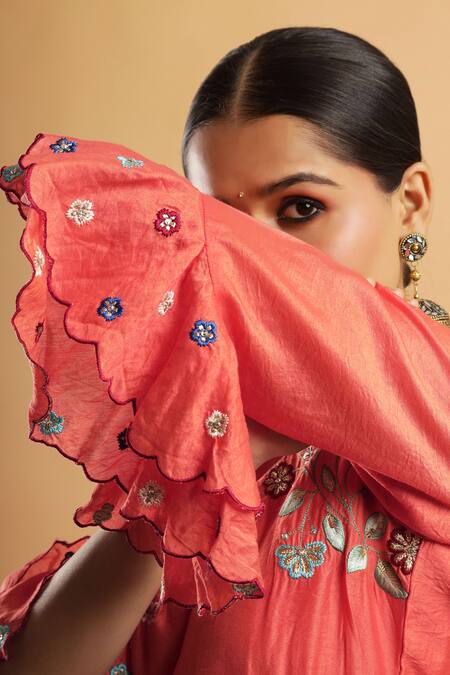 Buy_Bha Sha_Orange Chanderi, Shantoon, Net Embroidery Round Neck Thread Work Kurta Set 