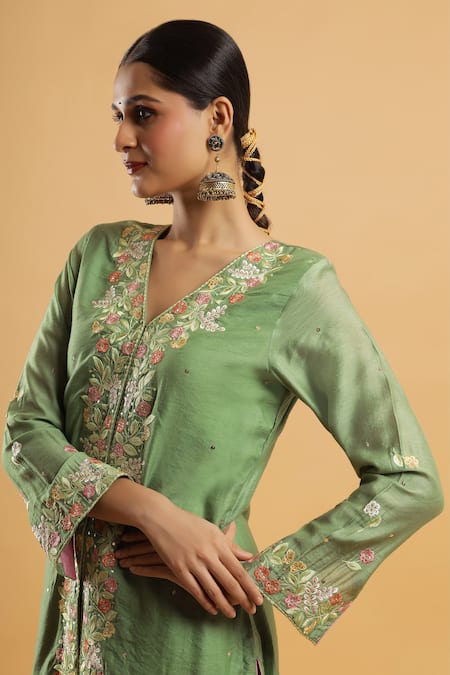 Bha Sha_Olive Green Chanderi, Chinon, Net Embroidery V-neck Thread Work Kurta Set _Online_at_Aza_Fashions