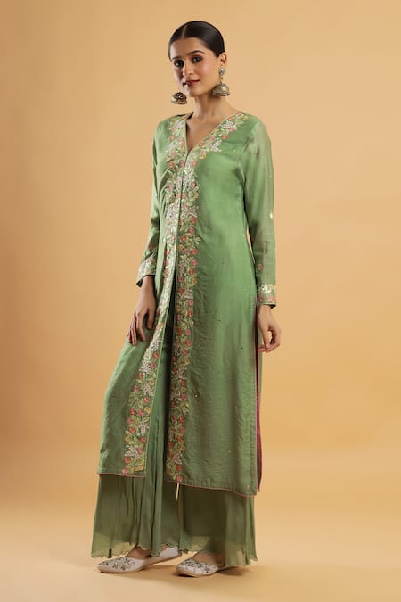 Buy_Bha Sha_Olive Green Chanderi, Chinon, Net Embroidery V-neck Thread Work Kurta Set _Online_at_Aza_Fashions