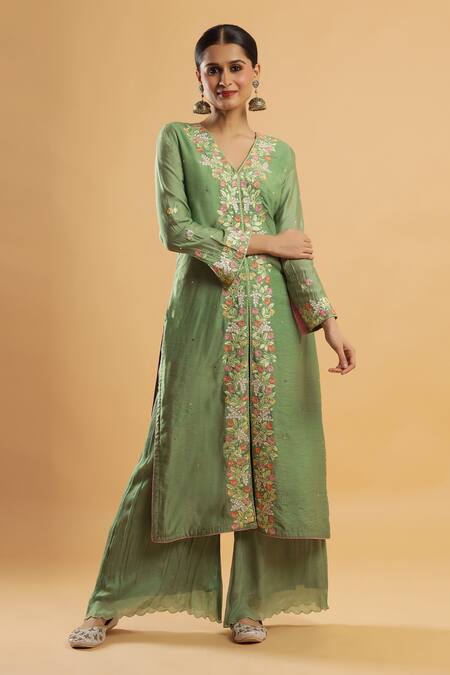 Shop_Bha Sha_Olive Green Chanderi, Chinon, Net Embroidery V-neck Thread Work Kurta Set _Online_at_Aza_Fashions