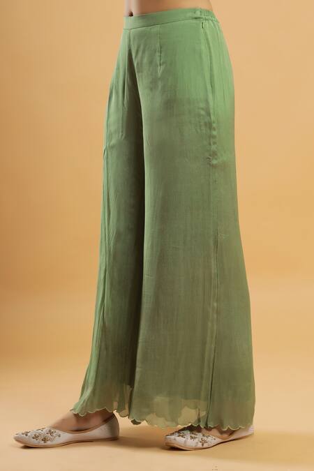 Bha Sha_Olive Green Chanderi, Chinon, Net Embroidery V-neck Thread Work Kurta Set _at_Aza_Fashions