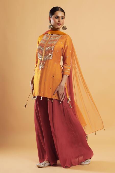 Bha Sha_Yellow Silk, Chinon, Net Zari Round Neck Zardozi Work Mustard Kurta Set _Online_at_Aza_Fashions