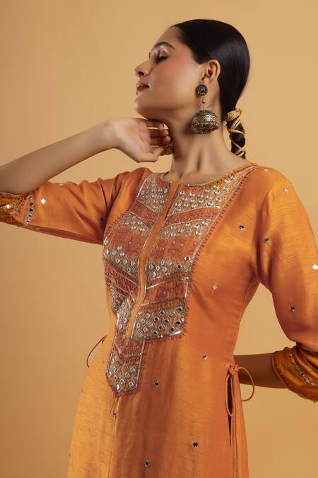 Buy_Bha Sha_Yellow Silk, Chinon, Net Zari Round Neck Zardozi Work Mustard Kurta Set _Online_at_Aza_Fashions