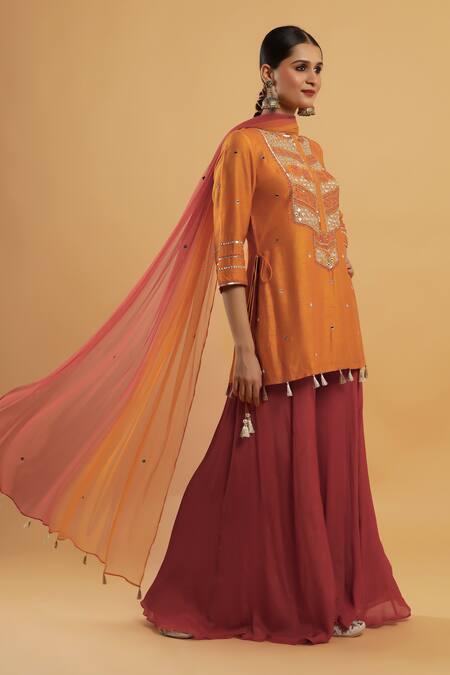 Bha Sha_Yellow Silk, Chinon, Net Zari Round Neck Zardozi Work Mustard Kurta Set _at_Aza_Fashions