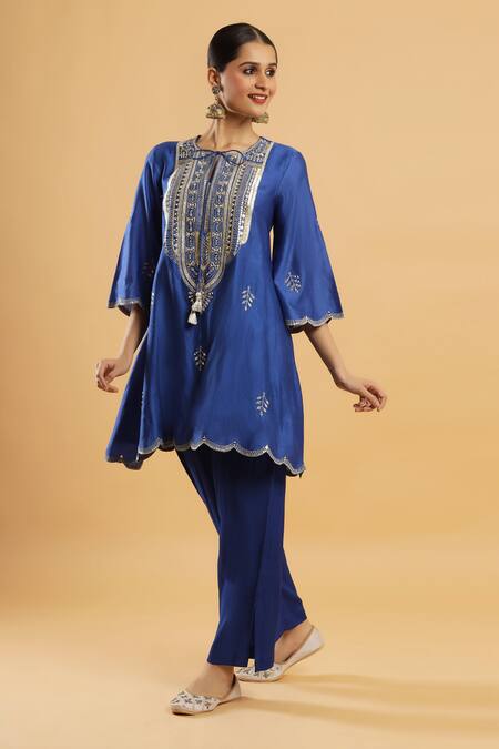 Bha Sha_Blue Chanderi, Shantoon Embroidery, Indigo Zardozi Work Kurta And Pant Set _Online_at_Aza_Fashions