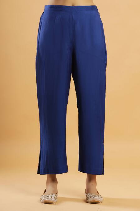 Buy_Bha Sha_Blue Chanderi, Shantoon Embroidery, Indigo Zardozi Work Kurta And Pant Set _Online_at_Aza_Fashions