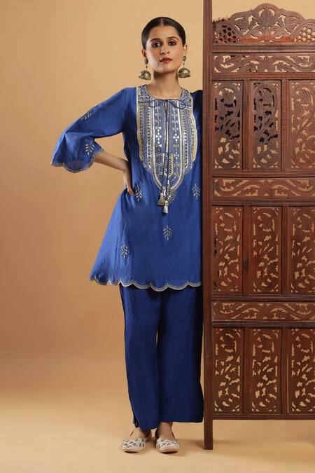 Shop_Bha Sha_Blue Chanderi, Shantoon Embroidery, Indigo Zardozi Work Kurta And Pant Set _Online_at_Aza_Fashions