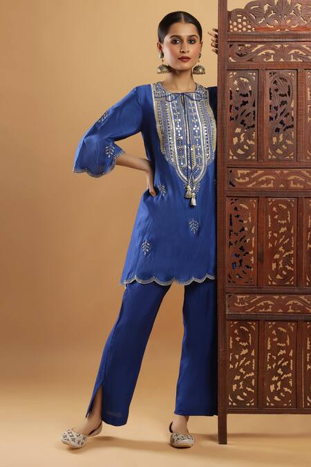Bha Sha_Blue Chanderi, Shantoon Embroidery, Indigo Zardozi Work Kurta And Pant Set _at_Aza_Fashions
