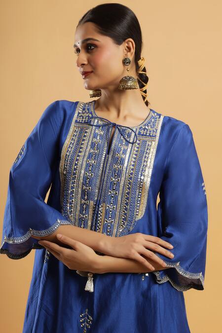 Buy_Bha Sha_Blue Chanderi, Shantoon Embroidery, Indigo Zardozi Work Kurta And Pant Set 
