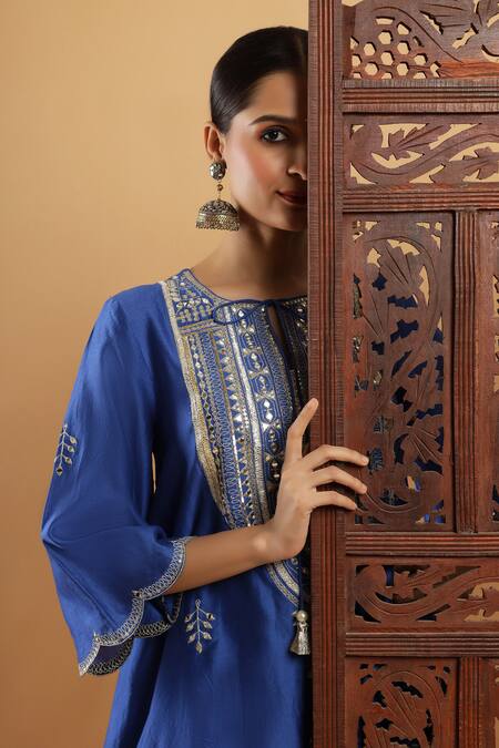 Shop_Bha Sha_Blue Chanderi, Shantoon Embroidery, Indigo Zardozi Work Kurta And Pant Set 