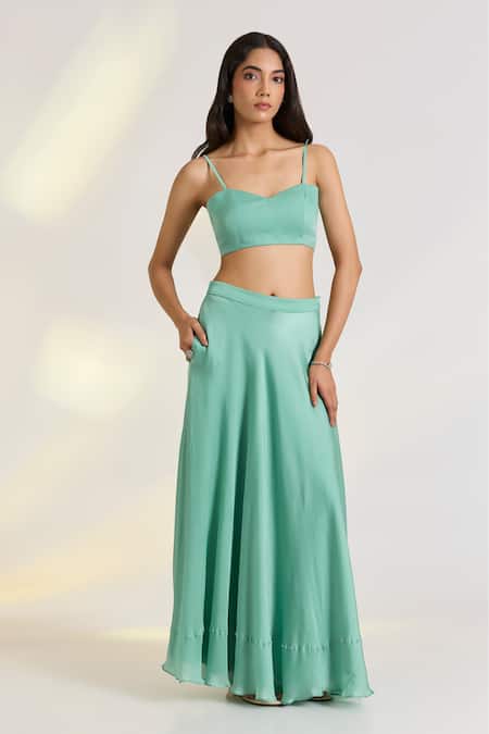 Shop_Ewoke_Green Organza, Georgette, Satin Embroidery Round Aeirs Designer Lehenga Set _Online_at_Aza_Fashions