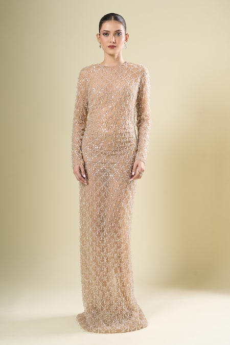 Shop_Seema Gujral_Beige Sequins, Beads Round Neck Embroidered Gown _Online_at_Aza_Fashions