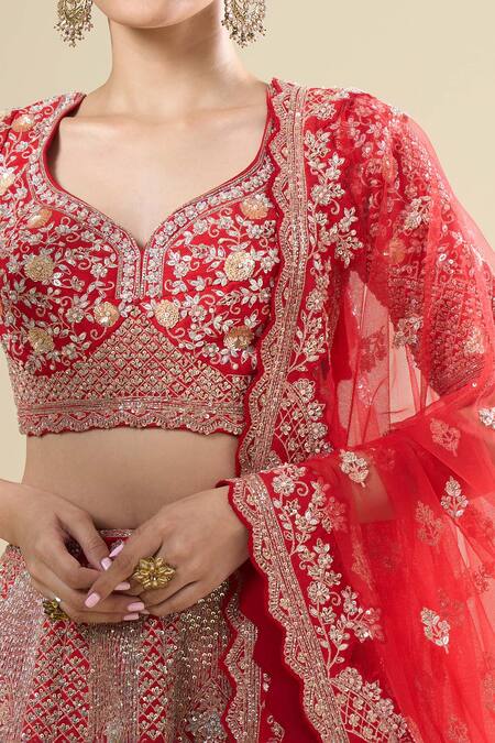 Kalighata_Red Silk Tassels, Embroidery Round Neck Padmawat Lehenga Set _Online_at_Aza_Fashions