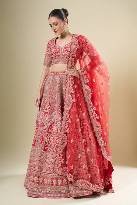 Buy_Kalighata_Red Silk Tassels, Embroidery Round Neck Padmawat Lehenga Set _Online_at_Aza_Fashions