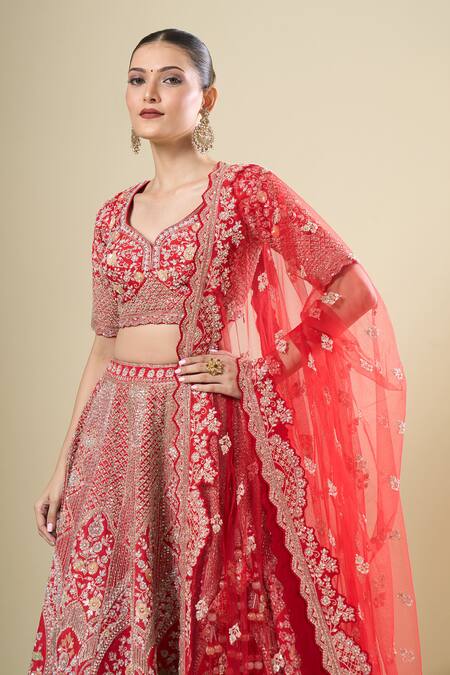 Shop_Kalighata_Red Silk Tassels, Embroidery Round Neck Padmawat Lehenga Set _Online_at_Aza_Fashions