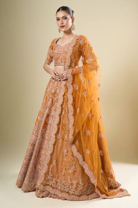 Kalighata_Orange Silk, Net Sequins, Embroidery Square Neck Rust Shadi Saga Lehenga Set _Online_at_Aza_Fashions