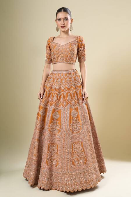 Buy_Kalighata_Orange Silk, Net Sequins, Embroidery Square Neck Rust Shadi Saga Lehenga Set _Online_at_Aza_Fashions