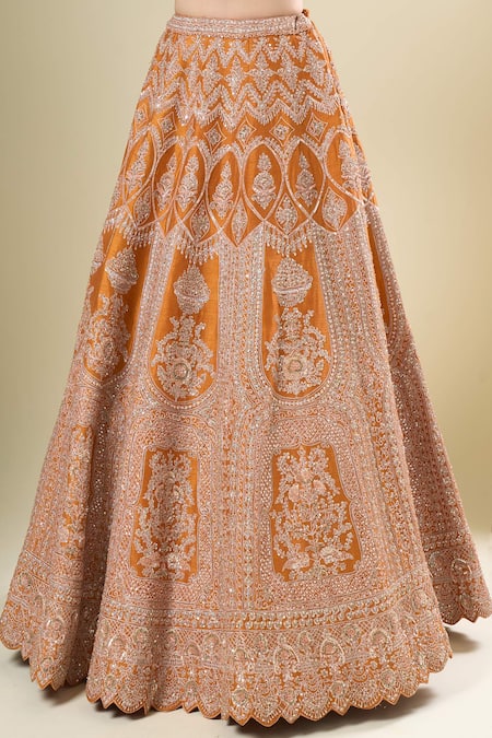 Shop_Kalighata_Orange Silk, Net Sequins, Embroidery Square Neck Rust Shadi Saga Lehenga Set _Online_at_Aza_Fashions