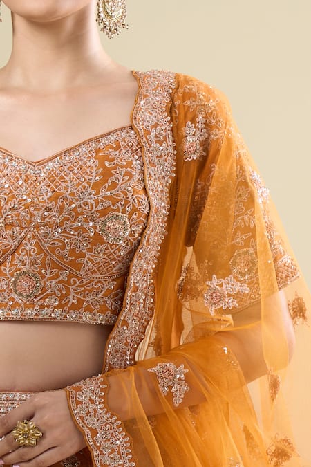 Kalighata_Orange Silk, Net Sequins, Embroidery Square Neck Rust Shadi Saga Lehenga Set _at_Aza_Fashions