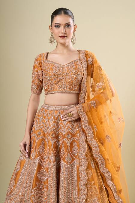 Buy_Kalighata_Orange Silk, Net Sequins, Embroidery Square Neck Rust Shadi Saga Lehenga Set 