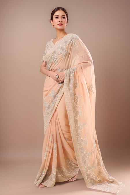 Kalighata Pink Silver Pearl Saree Set 