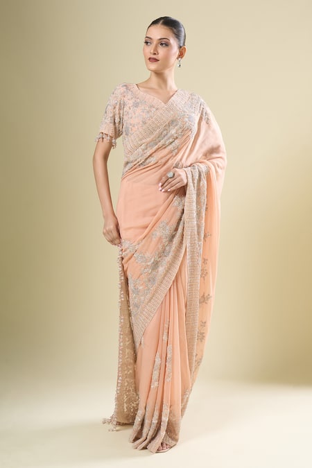 Kalighata_Pink Chiffon, Silk Pearls, Embroidery, Sequins V-neck Silver Saree Set_Online_at_Aza_Fashions