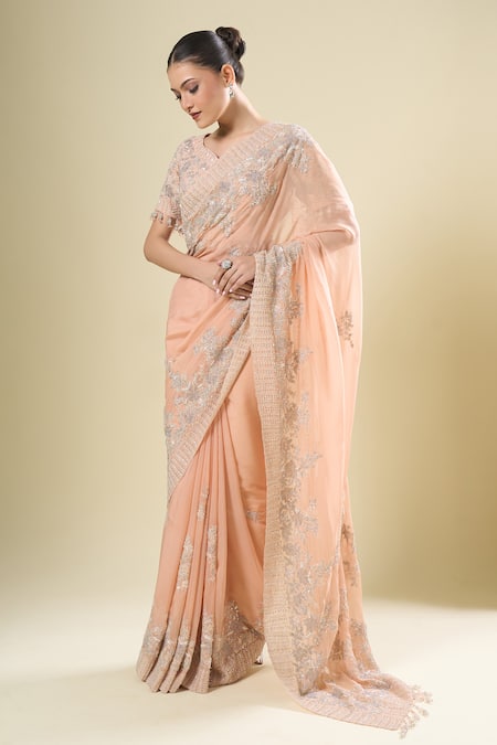 Buy_Kalighata_Pink Chiffon, Silk Pearls, Embroidery, Sequins V-neck Silver Saree Set_Online_at_Aza_Fashions