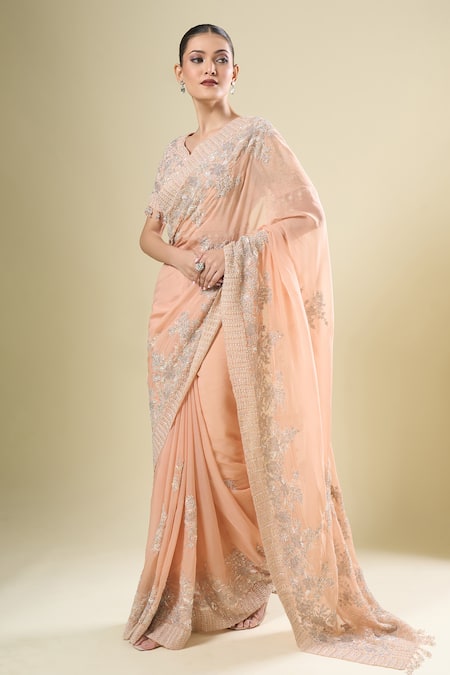 Shop_Kalighata_Pink Chiffon, Silk Pearls, Embroidery, Sequins V-neck Silver Saree Set_Online_at_Aza_Fashions