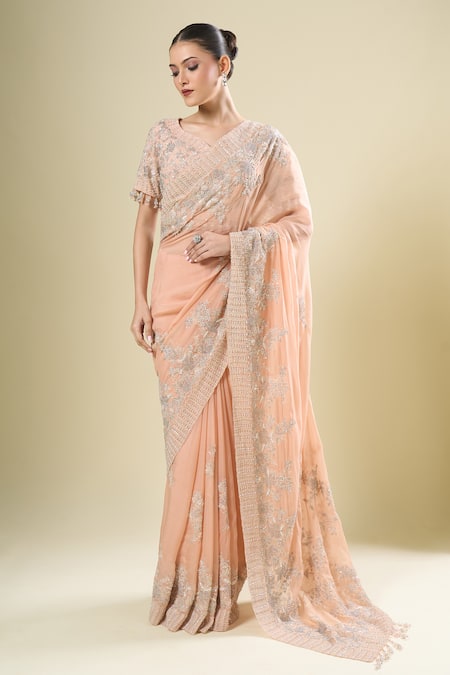 Buy_Kalighata_Pink Chiffon, Silk Pearls, Embroidery, Sequins V-neck Silver Saree Set