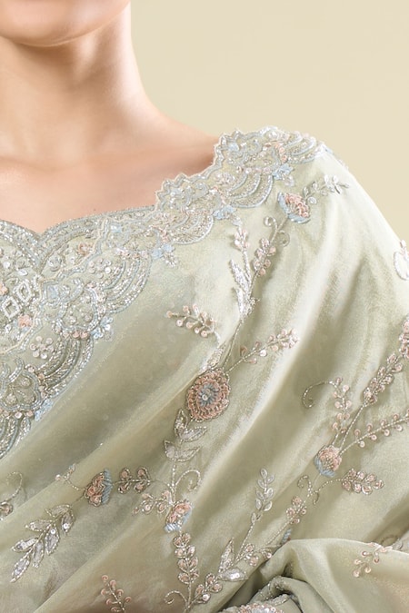 Kalighata_Green Chiffon Sequins, Embroidery Round Neck Marbella Saree Set _Online_at_Aza_Fashions