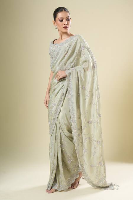 Buy_Kalighata_Green Chiffon Sequins, Embroidery Round Neck Marbella Saree Set _Online_at_Aza_Fashions