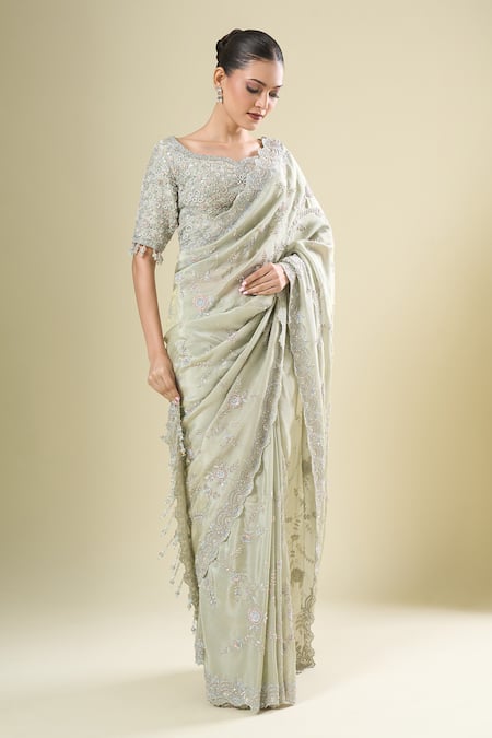 Shop_Kalighata_Green Chiffon Sequins, Embroidery Round Neck Marbella Saree Set _Online_at_Aza_Fashions