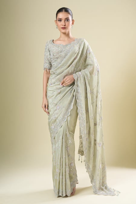 Kalighata_Green Chiffon Sequins, Embroidery Round Neck Marbella Saree Set _at_Aza_Fashions
