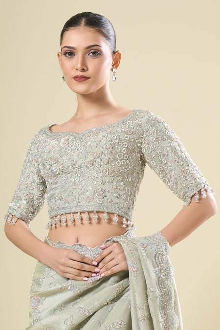 Buy_Kalighata_Green Chiffon Sequins, Embroidery Round Neck Marbella Saree Set 