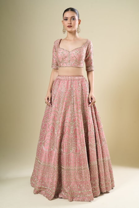 Kalighata_Mauve Silk, Chiffon Sequins, Embroidery Round Neck Margette Lehenga Set _Online_at_Aza_Fashions