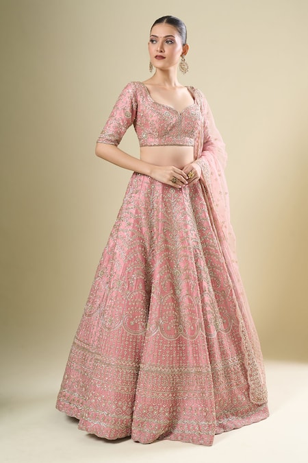 Buy_Kalighata_Mauve Silk, Chiffon Sequins, Embroidery Round Neck Margette Lehenga Set _Online_at_Aza_Fashions