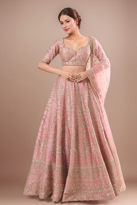 Kalighata Mauve Silk, Chiffon Sequins, Embroidery Round Neck Margette Lehenga Set 
