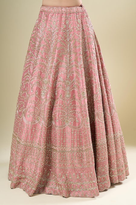 Shop_Kalighata_Mauve Silk, Chiffon Sequins, Embroidery Round Neck Margette Lehenga Set _Online_at_Aza_Fashions