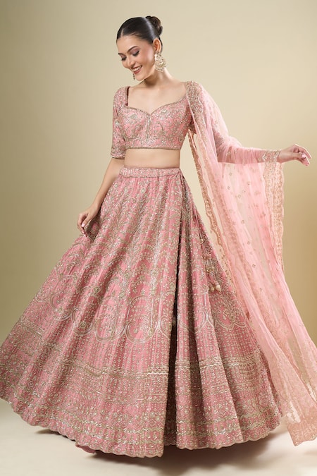 Buy_Kalighata_Mauve Silk, Chiffon Sequins, Embroidery Round Neck Margette Lehenga Set 