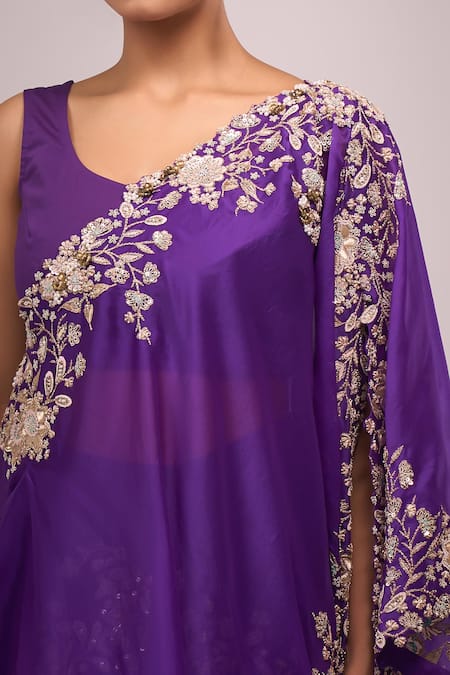 Anamika Khanna_Purple Embroidery Round Neck Draped Skirt Set _Online_at_Aza_Fashions